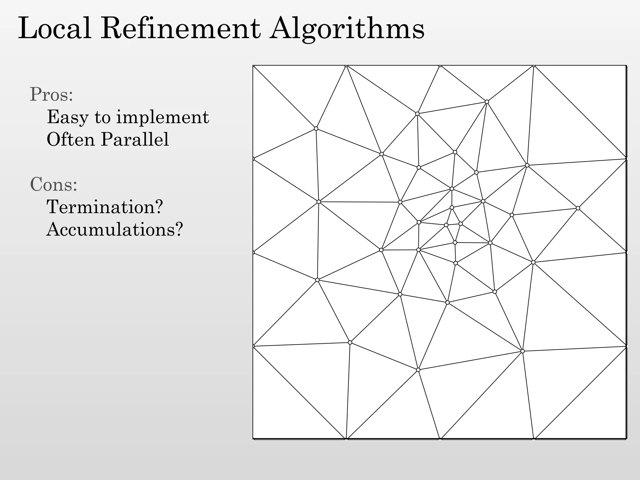 Local Refinement Algorithms

Pros:
  Easy to implement
  Often Parallel

Cons:
 Termination?
 Accumulations?
 