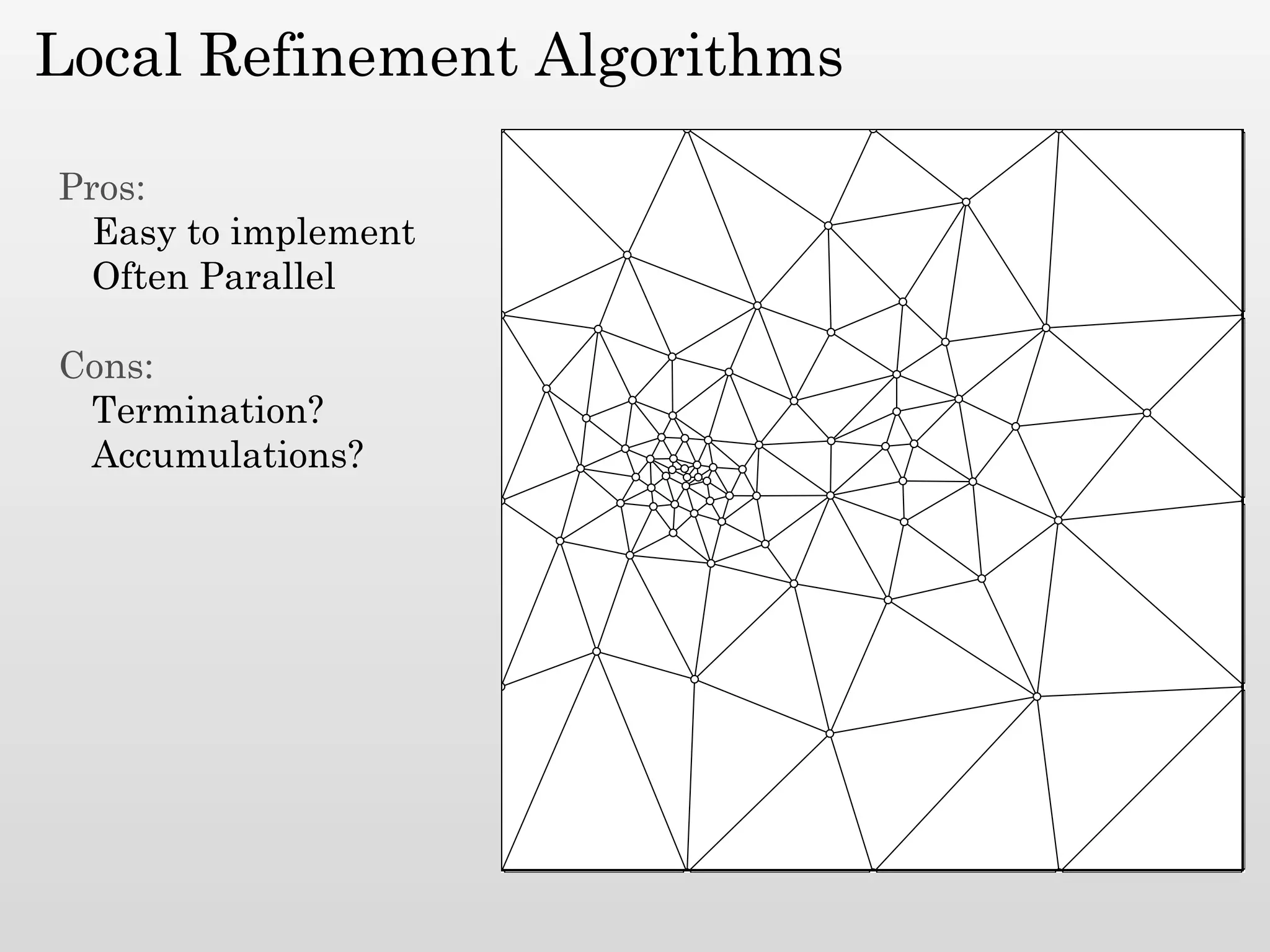Local Refinement Algorithms

Pros:
  Easy to implement
  Often Parallel

Cons:
 Termination?
 Accumulations?
 