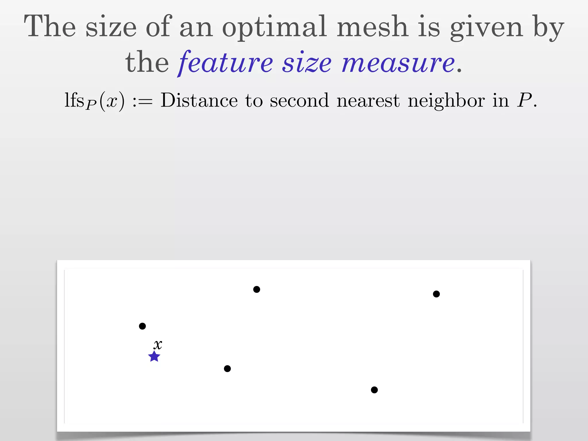 The size of an optimal mesh is given by
       the feature size measure.
  lfsP (x) := Distance to second nearest neighbor in P .




            x
 