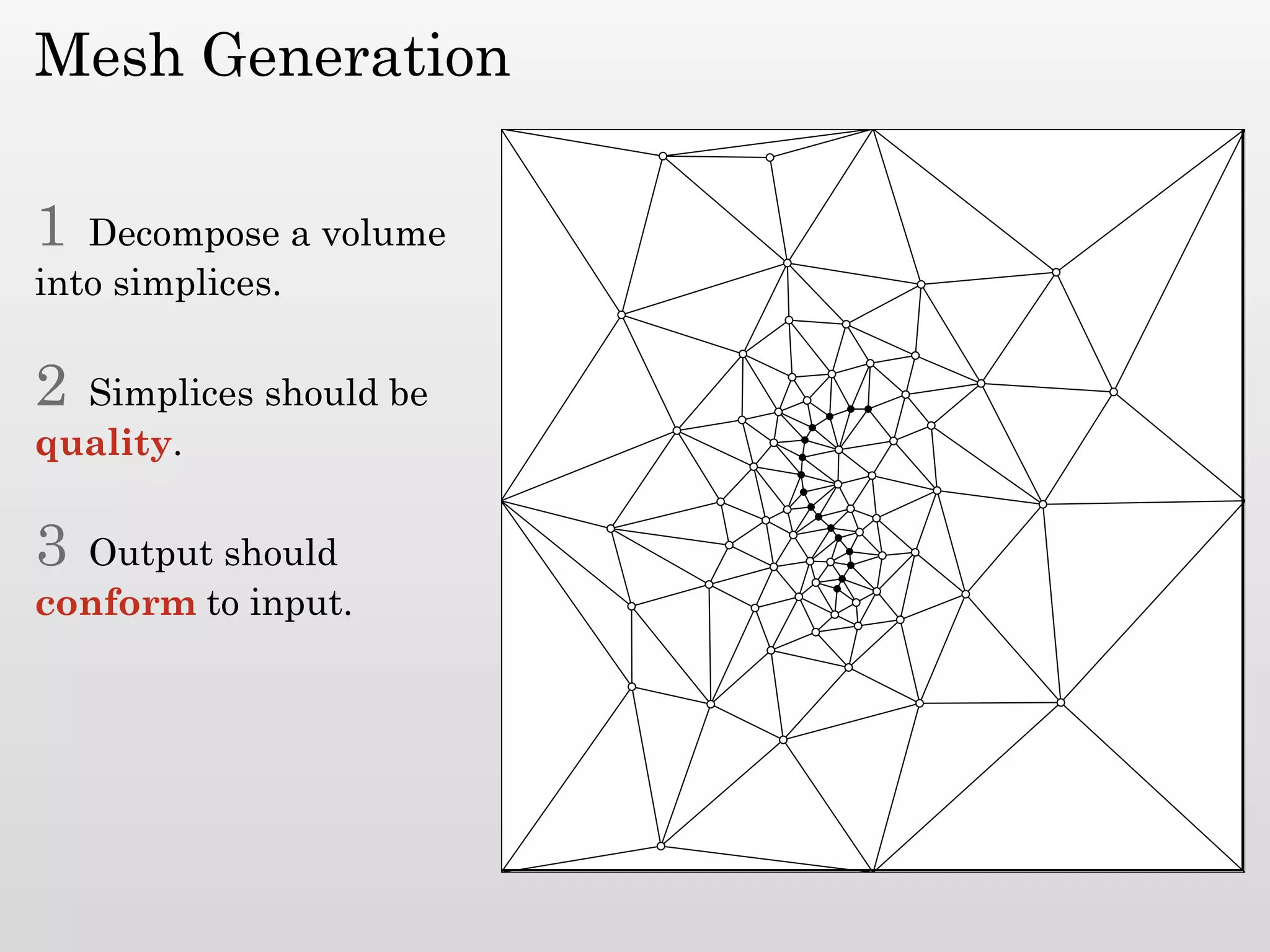 Mesh Generation

1  Decompose a volume
into simplices.

2 Simplices should be
quality.

3 Output should
conform to input.
 