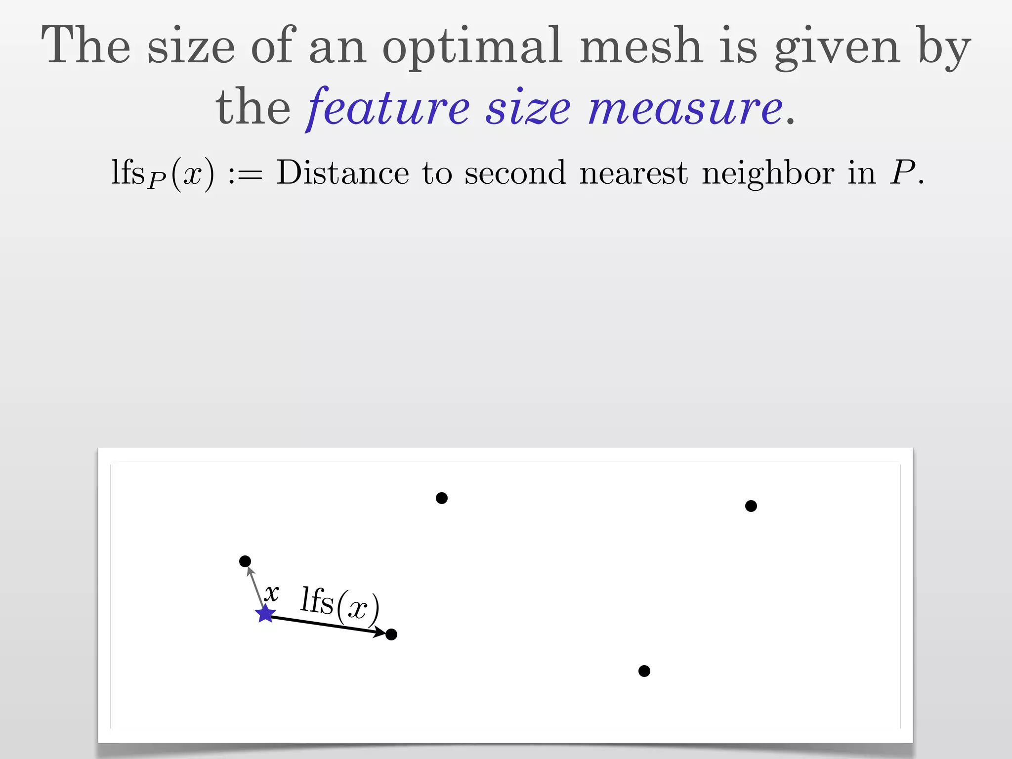 The size of an optimal mesh is given by
       the feature size measure.
  lfsP (x) := Distance to second nearest neighbor in P .




            x lfs(
                   x)
 