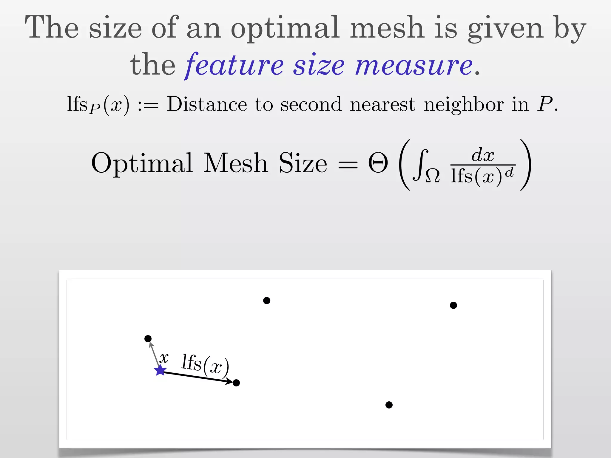The size of an optimal mesh is given by
       the feature size measure.
  lfsP (x) := Distance to second nearest neighbor in P .

                                              dx
    Optimal Mesh Size = Θ                Ω lfs(x)d




            x lfs(
                   x)
 