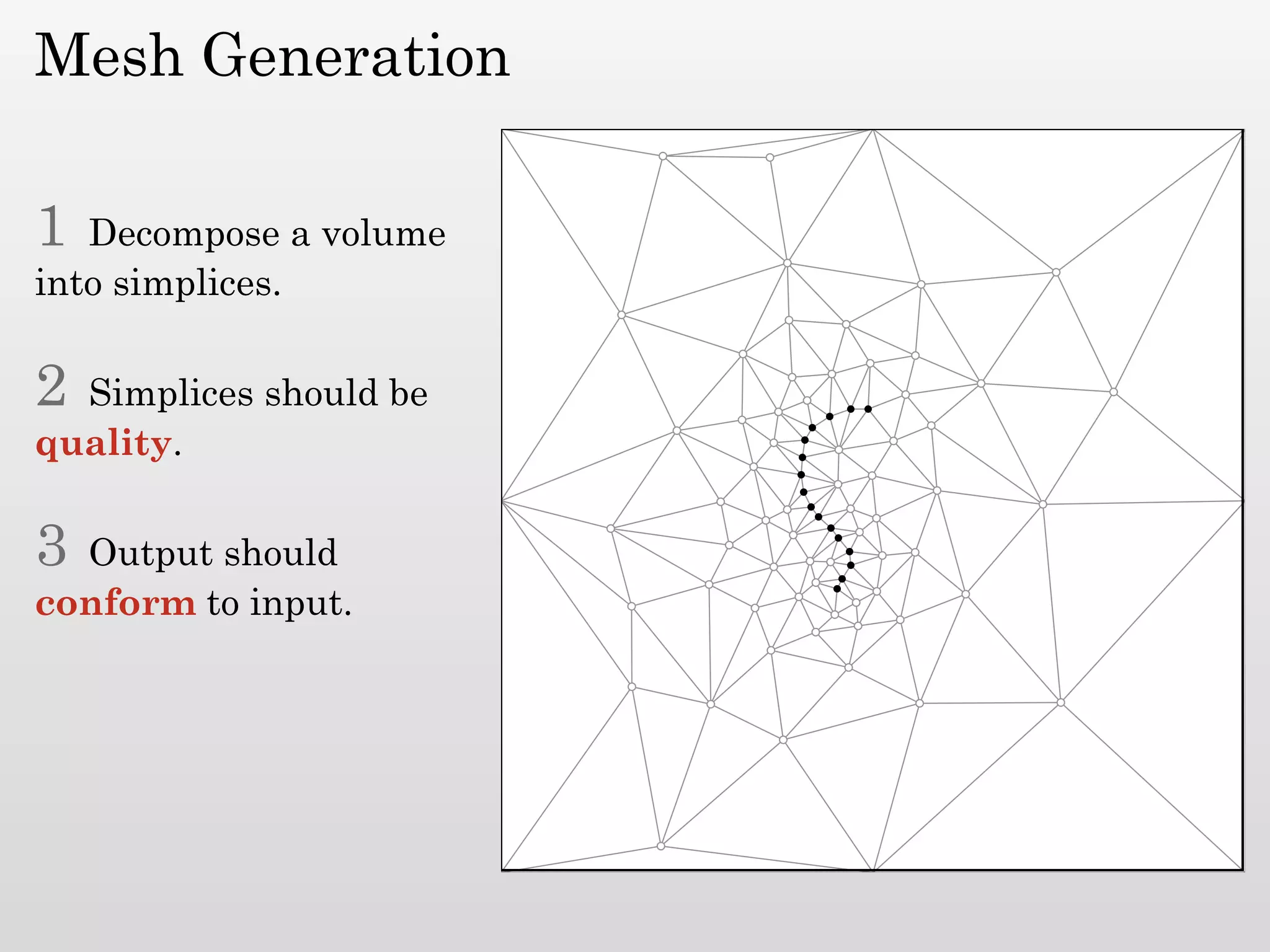 Mesh Generation

1  Decompose a volume
into simplices.

2 Simplices should be
quality.

3 Output should
conform to input.
 