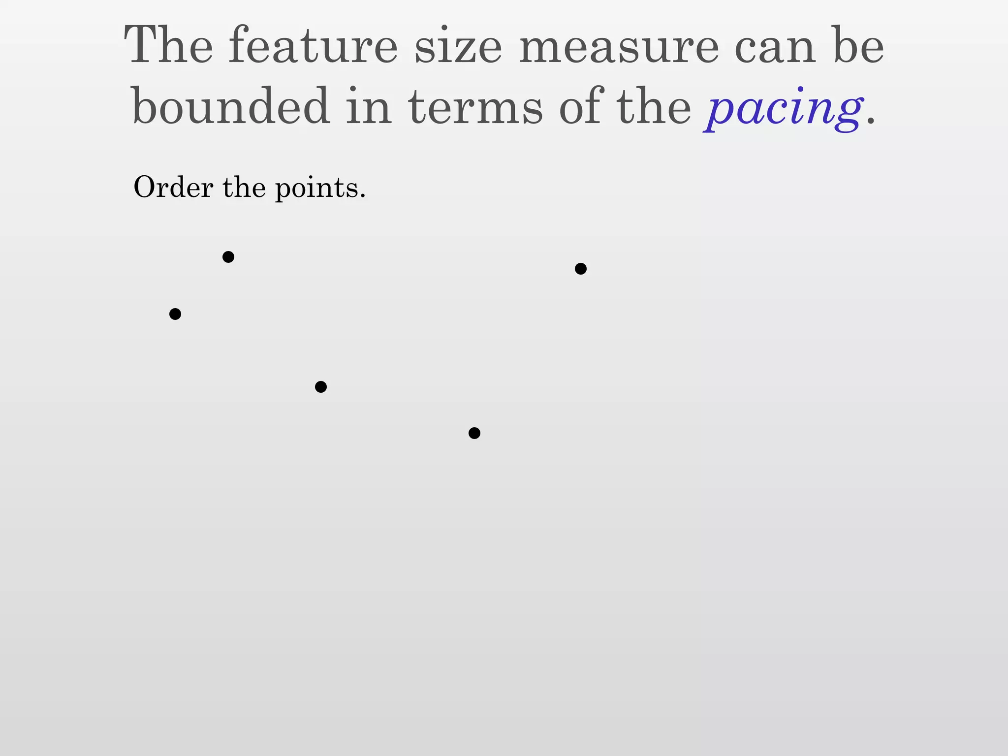The feature size measure can be
bounded in terms of the pacing.
Order the points.
 