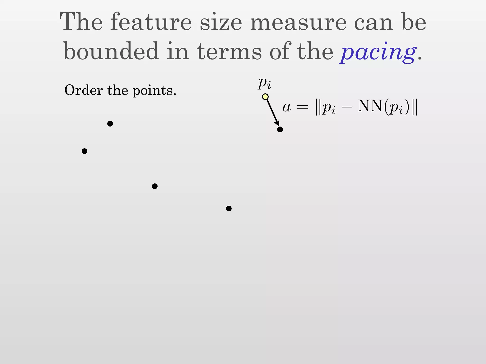 The feature size measure can be
bounded in terms of the pacing.
                    pi
Order the points.
                         a = pi − NN(pi )
 