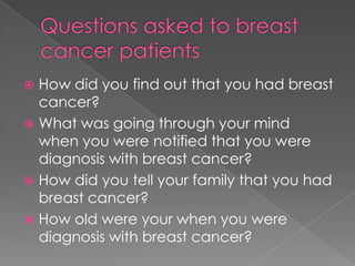 Questions asked to breast cancer patientsHow did you find out that you had breast cancer?What was going through your mind when you were notified that you were diagnosis with breast cancer?How did you tell your family that you had breast cancer?How old were your when you were diagnosis with breast cancer?