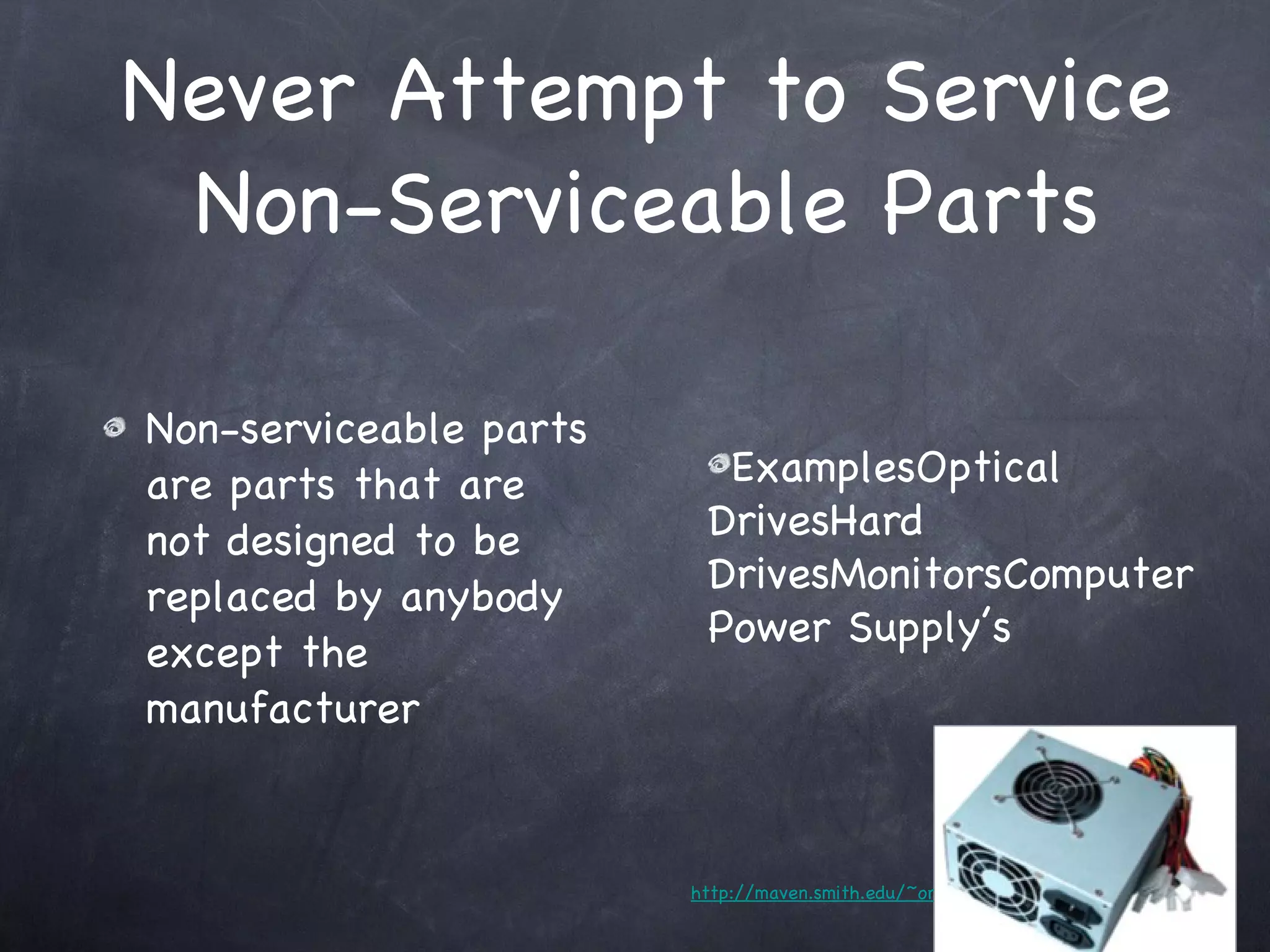 Avoid Capacitors Capacitors are miniature “Batteries” that can hold a electrical charge after a computer is disconnected from power When working on a computer always disconnect the power then wait a few minutes for the capacitors to discharge 