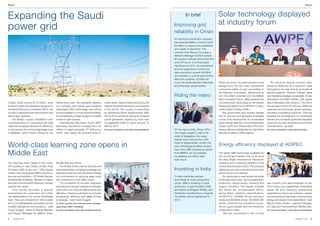 News                                                                                                                                                                                                                    				                                                  News



Expanding the Saudi                                                                                                                                      In brief                      Solar technology displayed
                                                                                                                                                                                       at industry forum
power grid                                                                                                                                     Improving grid
                                                                                                                                               reliability in Oman
                                                                                                                                               An electricity distribution company
                                                                                                                                               has awarded ABB a contract worth
                                                                                                                                               $7million to improve the availability
                                                                                                                                               and quality of electricity. The
                                                                                                                                               contract from Mazoon includes a
                                                                                                                                               Network Manager SCADA system,
                                                                                                                                               90 outdoor multiple remote terminal
                                                                                                                                               units (RTUs) on a turnkey basis.
                                                                                                                                               Interfaces for 33/11 kV substations
                                                                                                                                               and the supervisory control and
                                                                                                                                               data acquisition system (SCADA)
                                                                                                                                               are included to control and monitor
                                                                                                                                               electricity supplies. SCADA will
                                                                                                                                               cover the South Batinah, Dakhliyah      Within six hours, the earth receives more       	 PV solutions directly convert solar
                                                                                                                                               and Sharqiyah governorates.             energy from the sun than humankind              power to electricity at a maximum yield
                                                                                                                                                                                       consumes within a year, according to            throughout the day and at all levels of
                                                                                                                                                                                       the Desertec Foundation. Determined to          global irradiation. Ramesh Trikkadi, sales
                                                                                                                                               Riding the metro                        turn this latent potential into the Middle      and marketing manager, renewables, Power
                                                                                                                                                                                       East’s energetic future, ABB presented its      Generation and Water Utilities, UAE, spoke
Orders, worth around $170 million, were      faithful every year. The substation deploys       urban areas. Saudi Arabia has among the                                                 innovative solar technology at the Arabian      about dedicated solar solutions. “As one of
booked to execute substation projects for    our compact and robust gas-insulated              highest residential electricity consumption                                             Power and Water Forum (APWF) in Dubai,          the pioneers of the PV industry, ABB has
the Saudi Electricity Company (SEC), the     switchgear (GIS) technology, and will be          in the world. The country is executing                                                  United Arab Emirates (UAE.)                     extensive and thorough global expertise,
country’s national power transmission and    accommodated in a multi-storied building.         an ambitious Ninth Development Plan                                                     	 Key government and industry figures           providing competitive solutions. This has
distribution operator.                       Its considerably smaller footprint is ideally     (2010-2014) aimed at raising its installed                                              met to discuss and generate strategies          enabled the development of increasingly
	 The design, supply, installation and       suited to tight spaces.                           power generation capacity by more than                                                  crucial in the development of a sustainable     efficient and constantly optimized integrated
commissioning of a substation will help      	 International Monetary Fund (IMF)               20 gigawatts (GW) to reach around 72                                                    water-energy balance. Concentrated Solar        solutions and also an exhaustive portfolio
meet the increased demand for electricity    estimates population increase from 28             GW by 2014.                                                                             Power (CSP) and Photovoltaic (PV) both          diversification,” he said.
in and around the central pilgrimage area    million to approximately 37 million by            For more information: www.abb.com/substations   On his visit to India, Group CEO,       display efficiency leadership for high Direct   For more information: www.abb.com/solar
of Makkah, which hosts millions of the       2020, with nearly 85 percent living in                                                            Joe Hogan caught a ride in the          Normal Irradiation (DNI) regions.
                                                                                                                                               pride of Bangalore, the newly
                                                                                                                                               started metro service from MG

World-class learning zone opens in                                                                                                             Road to Byapanahalli. Earlier this
                                                                                                                                               year, the Bangalore Metro project       Energy efficiency displayed at ADIPEC
Middle East
                                                                                                                                               team from ABB received an award
                                                                                                                                               from BMRCL for successfully             The latest ABB technology available for
                                                                                                                                               completing one million safe             the oil and gas industry was on show at
                                                                                                                                               man-hours.                              the Abu Dhabi International Petroleum
The learning zone, based in the iconic       Middle East and Africa.                                                                                                                   Exhibition and Conference (ADIPEC) in the
HQ building in Abu Dhabi, United Arab        	 The facility will be used by Emiratis and                                                                                               United Arab Emirates (UAE.) The products
Emirates (UAE) is set over 1,000 square      other stakeholders, bringing knowledge and                                                        Investing in India                      displayed can save costs and boost asset
meters and showcases ABB’s products,         expertise under one roof and demonstrating                                                                                                performance by 6 percent.
services and solutions. H E Sheikh Nahyan    our commitment to securing deep roots                                                             To help customers access                	 Our technology is used across the entire
Bin Mubarak Al Nahyan, Minister of Higher    and investment in the UAE’s future.                                                               technology at more competitive          oil and gas value chain, serving exploration,
Education and Scientific Research formally   	 “On completion of courses, engineers                                                            prices, ABB is investing in local       production, marine supply, transport and        gas industry and demonstrated its key
opened the center.                           and operators will gain valuable knowledge,                                                       production of gas-insulated (GIS)       support functions. The display included         technology and capabilities. Extending
	 “This facility provides a special          which will in turn improve effectiveness and                                                      and hybrid switchgear (PASS), and       the Static Var Compensator (SVC),               asset life and reducing operational
environment for customers and other          efficiency, helping customers to increase                                                         distribution transformers in Gujarat.   active filters, platform electrification,       expenditure is key to any industry – assets
key stakeholders from across the Middle      productivity, efficiency and safety of their                                                      The facility will be operational in     AC500 PLC, ACS800-38 low harmonic               not performing at their peak consume more
East. They can choose from 180 courses       processes,” said Frank Duggan.                                                                    2013.                                   drives and ACS800 drives, ACS2000 MV            energy and require more expenditure,” said
led by knowledgeable employees across        To book courses call training center manager,                                                                                             drives, synchronous reluctance motor,           Bjarne Andre Asheim, regional manager,
multiple disciplines and products,” said     Jalal Jihazi, 00971 24938562                                                                                                              the arc guard system and the interactive        Oil, Gas and Petrochemical, Middle East.
Frank Duggan, Head of Global Markets         For more information: www.abb.com/abbuniversity                                                                                           collaboration table.                            For more information: www.abb.com/oilandgas
and Region Manager for ABB in India,                                                                                                                                                   	 “We are committed to the oil and

4   contact 1| 13                                                                                                                                                                                                                                                  contact 1 | 13   5
 