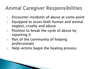 The link between animal and child abuse is evidentVeterinarian students say animals have feelings of:“Helplessness”“Being out of control”Abuse?