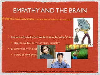 EMPATHY AND THE BRAIN



        Regions affected when we feel pain, for others’ pain

              Reason we feel sorry for them, empathy

        Lacking theory of mind

              Focus on own emotions




Dewar, Gwen, Ph. D. "Empathy and the Brain." Parenting Science. N.p., 2008.   Web. 16 Feb. 2011. <http://www.parentingscience.com/empathy-and-the- brain.html>.
 