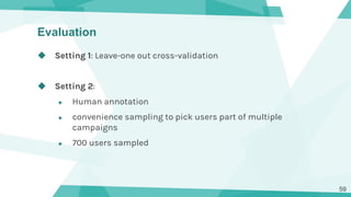 Evaluation
◆ Setting 1: Leave-one out cross-validation
◆ Setting 2:
▶ Human annotation
▶ convenience sampling to pick user...