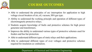 COURSE OUTCOMES
 Able to understand the principles of arc interruption for application to high
voltage circuit breakers of air, oil, vacuum, SF6 gas type.
 Ability to understand the working principle and operation of different types of
electromagnetic protective relays.
 Students acquire knowledge of faults and protective schemes for high power
generator and transformers.
 Improves the ability to understand various types of protective schemes used for
feeders and bus bar protection.
 Able to understand different types of static relays and their applications.
 Able to understand different types of over voltages and protective schemes
required for insulation co–ordination.
Department of Electrical and Electronics Engineering
 