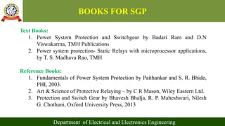 BOOKS FOR SGP
Department of Electrical and Electronics Engineering
Text Books:
1. Power System Protection and Switchgear by Badari Ram and D.N
Viswakarma, TMH Publications
2. Power system protection- Static Relays with microprocessor applications,
by T. S. Madhava Rao, TMH
Reference Books:
1. Fundamentals of Power System Protection by Paithankar and S. R. Bhide,
PHI, 2003.
2. Art & Science of Protective Relaying – by C R Mason, Wiley Eastern Ltd.
3. Protection and Switch Gear by Bhavesh Bhalja, R. P. Maheshwari, Nilesh
G. Chothani, Oxford University Press, 2013
 