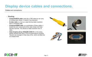 Page 13
– Analog.
» Composite/RCA cable: looks like a TRS cable but can carry
an analog video stream. It results in low resolution.
» S-video cable: is a four pin cable that has better resolution
than a composite cable.
» Component/RGB cable: is a combination of three cables, it
breaks the color components of the video stream into three
discrete channels. This allows for better resolution than S-
video.
» Video Graphics Array (VGA)/DB-15/HD-15: is the analog
display standard that uses a 15 pin D-subminiature connector.
The pins are arranged in three rows of five, which are fitted into
a D shaped shell.
Cables and connections.
 
