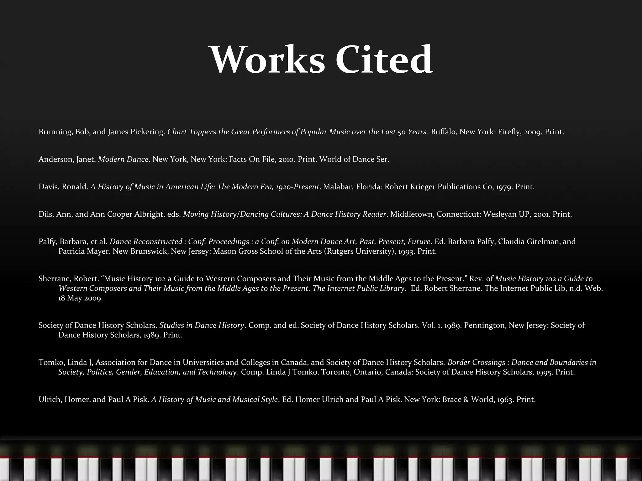 Works CitedBrunning, Bob, and James Pickering. Chart Toppers the Great Performers of Popular Music over the Last 50 Years. Buffalo, New York: Firefly, 2009. Print. Anderson, Janet. Modern Dance. New York, New York: Facts On File, 2010. Print. World of Dance Ser. Davis, Ronald. A History of Music in American Life: The Modern Era, 1920-Present. Malabar, Florida: Robert Krieger Publications Co, 1979. Print. Dils, Ann, and Ann Cooper Albright, eds. Moving History/‌Dancing Cultures: A Dance History Reader. Middletown, Connecticut: Wesleyan UP, 2001. Print. Palfy, Barbara, et al. Dance Reconstructed : Conf. Proceedings : a Conf. on Modern Dance Art, Past, Present, Future. Ed. Barbara Palfy, Claudia Gitelman, and Patricia Mayer. New Brunswick, New Jersey: Mason Gross School of the Arts (Rutgers University), 1993. Print. Sherrane, Robert. “Music History 102 a Guide to Western Composers and Their Music from the Middle Ages to the Present.” Rev. of Music History 102 a Guide to Western Composers and Their Music from the Middle Ages to the Present. The Internet Public Library.  Ed. Robert Sherrane. The Internet Public Lib, n.d. Web. 18 May 2009. Society of Dance History Scholars. Studies in Dance History. Comp. and ed. Society of Dance History Scholars. Vol. 1. 1989. Pennington, New Jersey: Society of Dance History Scholars, 1989. Print. Tomko, Linda J, Association for Dance in Universities and Colleges in Canada, and Society of Dance History Scholars. Border Crossings : Dance and Boundaries in Society, Politics, Gender, Education, and Technology. Comp. Linda J Tomko. Toronto, Ontario, Canada: Society of Dance History Scholars, 1995. Print.Ulrich, Homer, and Paul A Pisk. A History of Music and Musical Style. Ed. Homer Ulrich and Paul A Pisk. New York: Brace & World, 1963. Print.