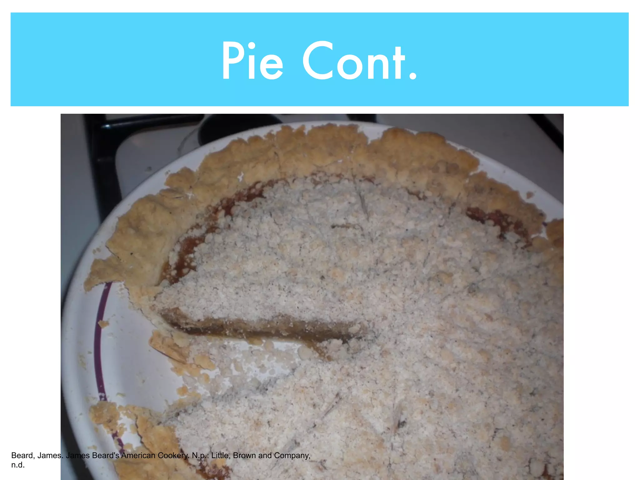 Pie Cont.




Beard, James. James Beard's American Cookery. N.p.: Little, Brown and Company,
n.d.
 