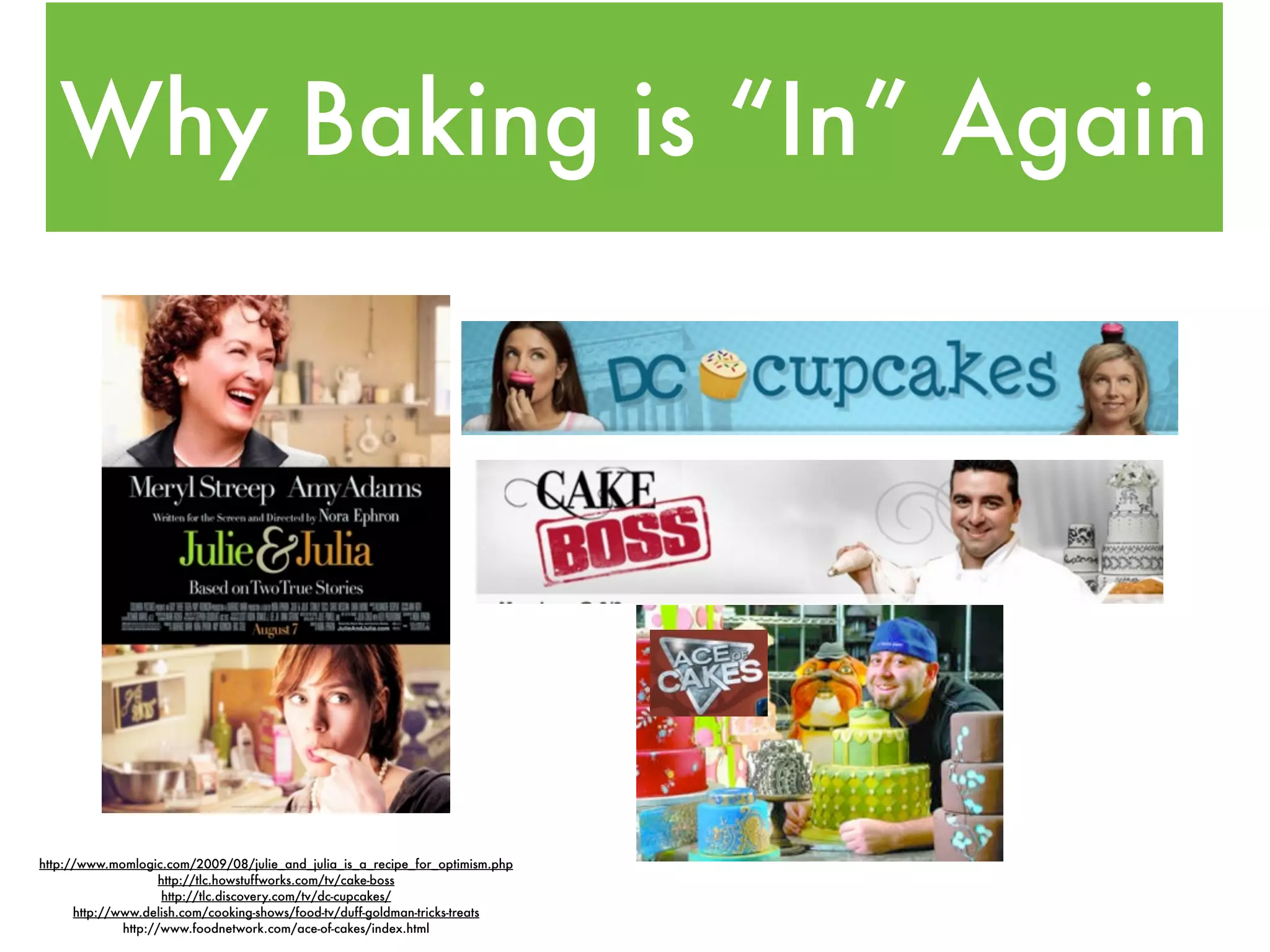Why Baking is “In” Again




http://www.momlogic.com/2009/08/julie_and_julia_is_a_recipe_for_optimism.php
                     http://tlc.howstuffworks.com/tv/cake-boss
                     http://tlc.discovery.com/tv/dc-cupcakes/
      http://www.delish.com/cooking-shows/food-tv/duff-goldman-tricks-treats
              http://www.foodnetwork.com/ace-of-cakes/index.html
 