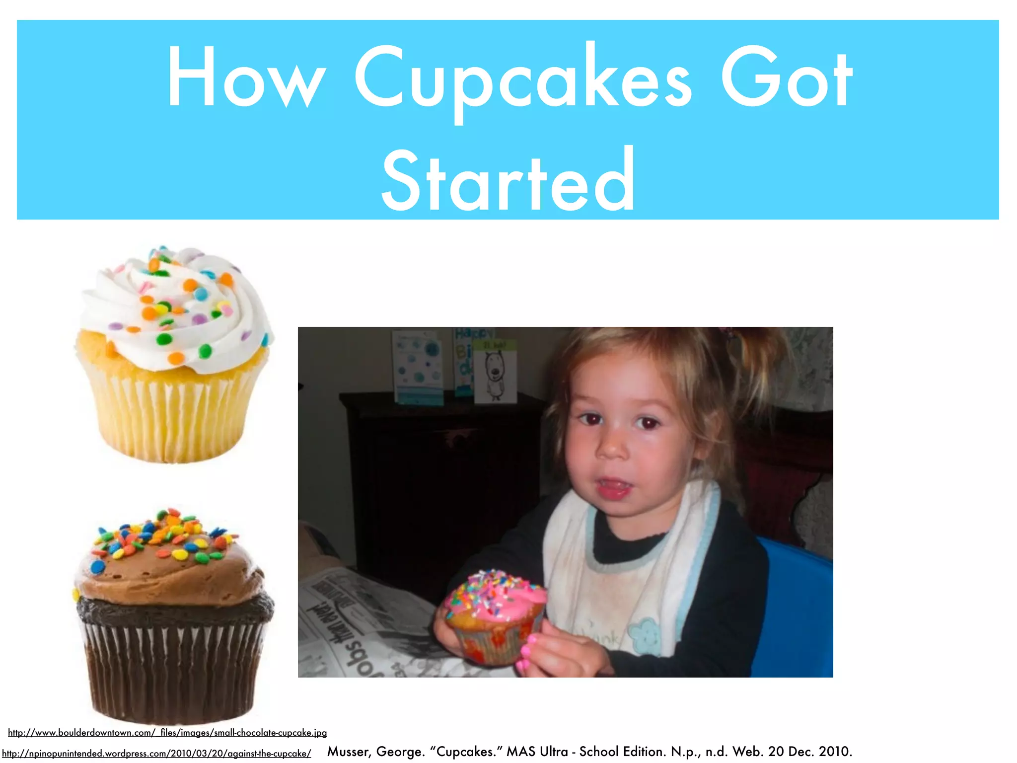 How Cupcakes Got
                                       Started




 http://www.boulderdowntown.com/_ﬁles/images/small-chocolate-cupcake.jpg

http://npinopunintended.wordpress.com/2010/03/20/against-the-cupcake/   Musser, George. “Cupcakes.” MAS Ultra - School Edition. N.p., n.d. Web. 20 Dec. 2010.
 