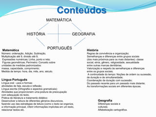 Conteúdos
Matemática
Número: ordenação, Adição, Subtração,
Multiplicação até 9, divisão até 9;
Expressões numéricas; Linha, ponto e reta;
Figuras geométricas; Perímetro: Conceito sobre
unidades de medidas padronizados:
massa, capacidade, comprimento;
Medida de tempo: hora, dia, mês, ano, século.
História
Regras de convivência e organização;
Semelhanças e diferenças entre grupos sociais
(dos mais próximos para os mais distantes): classe
social, etnia, gênero, religiosidade, sexualidade
entre outras marcas dentitárias;
Valorização e respeito às semelhanças e diferenças
entre os grupos sociais;
A continuidade do tempo: Noções de ordem ou sucessão,
de duração e de simultaneidade;
Coordenação da duração com sucessão;
Do passado recente para um passado mais distante;
As transformações sociais em diferentes épocas.
Língua Português
Língua oral - usos e formas:
atividades de fala, escuta e reflexão;
Língua escrita (Ortografia e aspectos gramaticais):
Atividades que proporcionem uma postura de preocupação
com adequação do texto.
Prática de literatura e tratamento didático:
Desenvolver a leitura de diferentes gêneros discursivos,
fazendo uso das estratégias de leitura (como o texto se organiza,
a informação principal, inferir informações implícitas em um texto,
relacionar textos etc.
Geografia
Diferenças sociais e
culturais;
Alfabetização cartográfica.
MATEMÁTICA
HISTÓRIA GEOGRAFIA
PORTUGUÊS
 