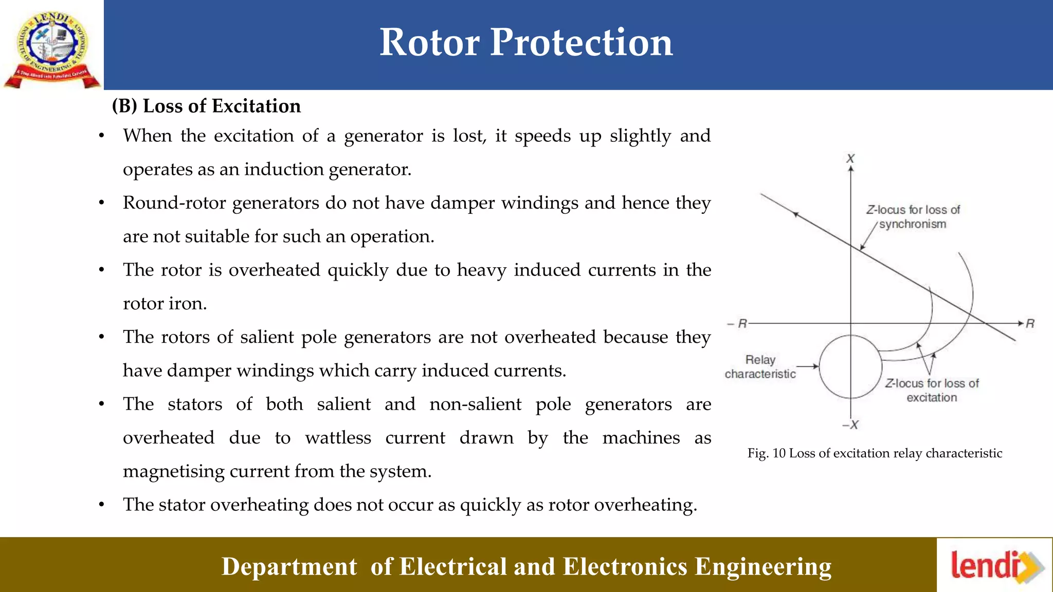 Rotor Protection
Department of Electrical and Electronics Engineering
(B) Loss of Excitation
• When the excitation of a generator is lost, it speeds up slightly and
operates as an induction generator.
• Round-rotor generators do not have damper windings and hence they
are not suitable for such an operation.
• The rotor is overheated quickly due to heavy induced currents in the
rotor iron.
• The rotors of salient pole generators are not overheated because they
have damper windings which carry induced currents.
• The stators of both salient and non-salient pole generators are
overheated due to wattless current drawn by the machines as
magnetising current from the system.
• The stator overheating does not occur as quickly as rotor overheating.
Fig. 10 Loss of excitation relay characteristic
 