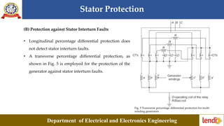 Stator Protection
Department of Electrical and Electronics Engineering
(B) Protection against Stator Interturn Faults
• Longitudinal percentage differential protection does
not detect stator interturn faults.
• A transverse percentage differential protection, as
shown in Fig. 5 is employed for the protection of the
generator against stator interturn faults.
Fig. 5 Transverse percentage differential protection for multi-
winding generators
 