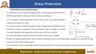 Rotor Protection
Department of Electrical and Electronics Engineering
(A) Field Ground-fault Protection
As the field circuit is operated ungrounded, a single ground fault does not
affect the operation of the generator or cause any damage.
• A dc voltage is impressed between the field circuit and earth through a
polarised moving iron relay.
• It is not necessary to trip the machine when a single field earth fault occurs.
• Usually an alarm is sounded. Then immediate steps are taken to transfer
the load from the faulty generator and to shut it down as quickly.
• In case of brushless machines, the main field circuit is not accessible.
Fig. 9 Earth fault protection
• If there is a partial field failure due to short-circuiting of turns in the main field winding, it is detected by the
increase in level of the field current.
• A severe fault or short-circuiting of the diode is detected by a relay monitoring the current in the exciter control
circuit.
 