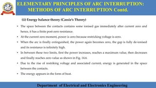 Department of Electrical and Electronics Engineering 11Department of Electrical and Electronics Engineering 11Department of Electrical and Electronics Engineering 11Department of Electrical and Electronics Engineering 11Department of Electrical and Electronics Engineering 11Department of Electrical and Electronics EngineeringDepartment of Electrical and Electronics Engineering 11Department of Electrical and Electronics Engineering 11
ELEMENTARY PRINCIPLES OF ARC INTERRUPTION:
METHODS OF ARC INTERRUPTION Contd.
Department of Electrical and Electronics Engineering
(ii) Energy balance theory (Cassie’s Theory)
• The space between the contacts contains some ionised gas immediately after current zero and
hence, it has a finite post-zero resistance.
• At the current zero moment, power is zero because restricking voltage is zero.
• When the arc is finally extinguished, the power again becomes zero, the gap is fully de-ionised
and its resistance is infinitely high.
• In between these two limits, first the power increases, reaches a maximum value, then decreases
and finally reaches zero value as shown in Fig. 14.6.
• Due to the rise of restriking voltage and associated current, energy is generated in the space
between the contacts.
• The energy appears in the form of heat.
 