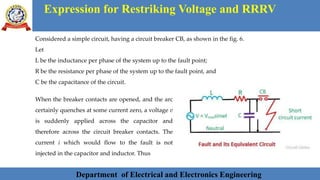 Department of Electrical and Electronics Engineering 15Department of Electrical and Electronics Engineering 15Department of Electrical and Electronics EngineeringDepartment of Electrical and Electronics Engineering 15Department of Electrical and Electronics Engineering 15Department of Electrical and Electronics Engineering 15Department of Electrical and Electronics Engineering 15Department of Electrical and Electronics Engineering 15Department of Electrical and Electronics Engineering 15Department of Electrical and Electronics EngineeringDepartment of Electrical and Electronics Engineering 15Department of Electrical and Electronics Engineering 15
Expression for Restriking Voltage and RRRV
Department of Electrical and Electronics Engineering
Considered a simple circuit, having a circuit breaker CB, as shown in the fig. 6.
Let
L be the inductance per phase of the system up to the fault point;
R be the resistance per phase of the system up to the fault point, and
C be the capacitance of the circuit.
When the breaker contacts are opened, and the arc
certainly quenches at some current zero, a voltage v
is suddenly applied across the capacitor and
therefore across the circuit breaker contacts. The
current i which would flow to the fault is not
injected in the capacitor and inductor. Thus
 