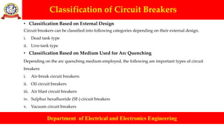 Classification of Circuit Breakers
Department of Electrical and Electronics Engineering
• Classification Based on External Design
Circuit breakers can be classified into following categories depending on their external design.
i. Dead tank type
ii. Live-tank type
• Classification Based on Medium Used for Arc Quenching
Depending on the arc quenching medium employed, the following are important types of circuit
breakers
i. Air-break circuit breakers:
ii. Oil circuit breakers
iii. Air blast circuit breakers
iv. Sulphur hexafluoride (SF6) circuit breakers
v. Vacuum circuit breakers
 