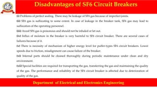 Disadvantages of SF6 Circuit Breakers
Department of Electrical and Electronics Engineering
(i) Problems of perfect sealing. There may be leakage of SF6 gas because of imperfect joints.
(ii) SF6 gas is suffocating to some extent. In case of leakage in the breaker tank, SF6 gas may lead to
suffocation of the operating personnel.
(iii) Arced SF6 gas is poisonous and should not be inhaled or let out.
(iv) Influx of moisture in the breaker is very harmful to SF6 circuit breaker. There are several cases of
failures because of it.
(v) There is necessity of mechanism of higher energy level for puffer-types SF6 circuit breakers. Lower
speeds due to friction, misalignment can cause failure of the breaker.
(vi) Internal parts should be cleaned thoroughly during periodic maintenance under clean and dry
environment.
(vii) Special facilities are required for transporting the gas, transferring the gas and maintaining the quality
of the gas. The performance and reliability of the SF6 circuit breaker is affected due to deterioration of
quality of the gas.
 