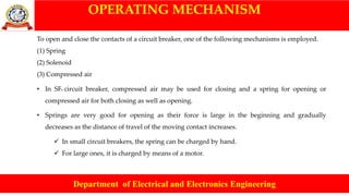 OPERATING MECHANISM
Department of Electrical and Electronics Engineering
To open and close the contacts of a circuit breaker, one of the following mechanisms is employed.
(1) Spring
(2) Solenoid
(3) Compressed air
• In SF6 circuit breaker, compressed air may be used for closing and a spring for opening or
compressed air for both closing as well as opening.
• Springs are very good for opening as their force is large in the beginning and gradually
decreases as the distance of travel of the moving contact increases.
 In small circuit breakers, the spring can be charged by hand.
 For large ones, it is charged by means of a motor.
 