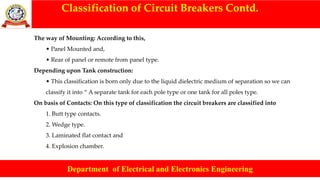 Classification of Circuit Breakers Contd.
Department of Electrical and Electronics Engineering
The way of Mounting: According to this,
• Panel Mounted and,
• Rear of panel or remote from panel type.
Depending upon Tank construction:
• This classification is born only due to the liquid dielectric medium of separation so we can
classify it into “ A separate tank for each pole type or one tank for all poles type.
On basis of Contacts: On this type of classification the circuit breakers are classified into
1. Butt type contacts.
2. Wedge type.
3. Laminated flat contact and
4. Explosion chamber.
 