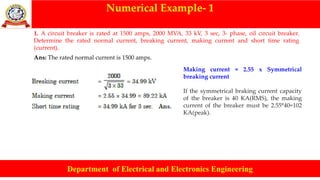 Numerical Example- 1
Department of Electrical and Electronics Engineering
1. A circuit breaker is rated at 1500 amps, 2000 MVA, 33 kV, 3 sec, 3- phase, oil circuit breaker.
Determine the rated normal current, breaking current, making current and short time rating
(current).
Ans: The rated normal current is 1500 amps.
Making current = 2.55 x Symmetrical
breaking current
If the symmetrical braking current capacity
of the breaker is 40 KA(RMS), the making
current of the breaker must be 2.55*40=102
KA(peak).
 