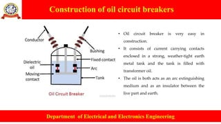 Construction of oil circuit breakers
Department of Electrical and Electronics Engineering
• Oil circuit breaker is very easy in
construction.
• It consists of current carrying contacts
enclosed in a strong, weather-tight earth
metal tank and the tank is filled with
transformer oil.
• The oil is both acts as an arc extinguishing
medium and as an insulator between the
live part and earth.
 