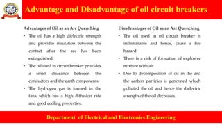 Advantage and Disadvantage of oil circuit breakers
Department of Electrical and Electronics Engineering
Advantages of Oil as an Arc Quenching
• The oil has a high dielectric strength
and provides insulation between the
contact after the arc has been
extinguished.
• The oil used in circuit breaker provides
a small clearance between the
conductors and the earth components.
• The hydrogen gas is formed in the
tank which has a high diffusion rate
and good cooling properties.
Disadvantages of Oil as an Arc Quenching
• The oil used in oil circuit breaker is
inflammable and hence, cause a fire
hazard.
• There is a risk of formation of explosive
mixture with air.
• Due to decomposition of oil in the arc,
the carbon particles is generated which
polluted the oil and hence the dielectric
strength of the oil decreases.
 
