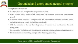 Grounded and ungrounded neutral systems
Department of Electrical and Electronics Engineering
Arcing Ground Phenomena
• In a three phase line, each phase has a capacitance on earth.
• When the fault occurs on any of the phases, then the capacitive fault current flows into the
ground.
• If the fault current exceeds 4 – 5 amperes, then it is sufficient to maintain the arc in the ionised
path of the fault, even though the fault has cleared itself.
• With the formation of the arc, the voltage across it becomes zero, and therefore the arc is
extinguished.
• The potential of the fault current restored due to which the formation of a second arc takes places.
• The phenomenon of intermitting arcing is called the arcing grounding.
 