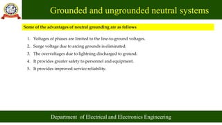 Grounded and ungrounded neutral systems
Department of Electrical and Electronics Engineering
Some of the advantages of neutral grounding are as follows
1. Voltages of phases are limited to the line-to-ground voltages.
2. Surge voltage due to arcing grounds is eliminated.
3. The overvoltages due to lightning discharged to ground.
4. It provides greater safety to personnel and equipment.
5. It provides improved service reliability.
 