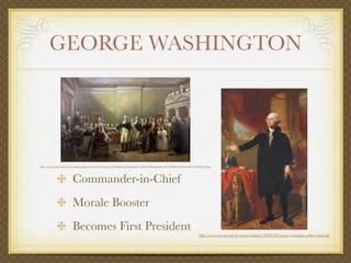 GEORGE WASHINGTON




http://www.wicknet.org/history/jvanatta/gallery/General%20George%20Washington%20Resigning%20his%20Commission%20%28John%20Trumbull,%201824%29.jpg




                           Commander-in-Chief
                           Morale Booster
                           Becomes First President
                                                                                                                                      http://www.learnnc.org/lp/media/uploads/2009/04/george-washington-gilbert-stuart.jpg
 