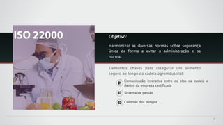 Objetivo:
Harmonizar as diversas normas sobre segurança
única de forma a evitar a administração e os
norma.
Elementos chaves para assegurar um alimento
seguro ao longo da cadeia agroindustrial:
13
01
Comunicação interativa entre os elos da cadeia e
dentro da empresa certificada
02
03
Sistema de gestão
Controle dos perigos
 
