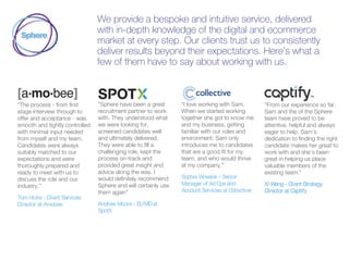 We provide a bespoke and intuitive service, delivered
with in-depth knowledge of the digital and ecommerce
market at every step. Our clients trust us to consistently
deliver results beyond their expectations. Here’s what a
few of them have to say about working with us.
“The process - from first
stage interview through to
offer and acceptance - was
smooth and tightly controlled
with minimal input needed
from myself and my team.
Candidates were always
suitably matched to our
expectations and were
thoroughly prepared and
ready to meet with us to
discuss the role and our
industry.”
TomHicks - Client Services
Director at Amobee
“Sphere have been a great
recruitment partner to work
with. They understood what
we were looking for,
screened candidates well
and ultimately delivered.
They were able to fill a
challenging role, kept the
process on-track and
provided great insight and
advice along the way. I
would definitely recommend
Sphere and will certainly use
them again”
Andrew Moore - EUMDat
SpotX
“I love working with Sam.
When we started working
together she got to know me
and my business, getting
familiar with our roles and
environment. Sam only
introduces me to candidates
that are a good fit for my
team, and who would thrive
at my company.”
Sophie Wheeler - Senior
Manager of AdOps and
Account Services at Collective
“From our experience so far,
Sam and the of the Sphere
team have proved to be
attentive, helpful and always
eager to help. Sam’s
dedication to finding the right
candidate makes her great to
work with and she’s been
great in helping us place
valuable members of the
existing team.”
Xi Weng - Client Strategy
Director at Capitfy
 