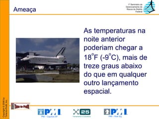 Ameaça As temperaturas na noite anterior poderiam chegar a 18 o F (-9 o C), mais de treze graus abaixo do que em qualquer outro lançamento espacial.  