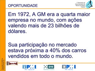 OPORTUNIDADE Em 1972, A GM era a quarta maior empresa no mundo, com ações valendo mais de 23 bilhões de dólares.  Sua participação no mercado estava próxima a 40% dos carros vendidos em todo o mundo. 