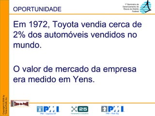 OPORTUNIDADE Em 1972, Toyota vendia cerca de 2% dos automóveis vendidos no mundo. O valor de mercado da empresa era medido em Yens. 