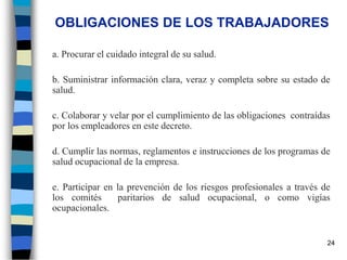 24
OBLIGACIONES DE LOS TRABAJADORES
a. Procurar el cuidado integral de su salud.
b. Suministrar información clara, veraz y completa sobre su estado de
salud.
c. Colaborar y velar por el cumplimiento de las obligaciones contraídas
por los empleadores en este decreto.
d. Cumplir las normas, reglamentos e instrucciones de los programas de
salud ocupacional de la empresa.
e. Participar en la prevención de los riesgos profesionales a través de
los comités paritarios de salud ocupacional, o como vigías
ocupacionales.
 