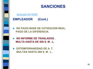 62
SANCIONES
Artículo 91/1295
EMPLEADOR (Cont.)
 NO PAGO BASE DE COTIZACION REAL.
PAGO DE LA DIFERENCIA.
 NO INFORME DE TRASLADOS .
MULTA HASTA DE 500 S. M . L.
 EXTEMPORANEIDAD DE A. T.
MULTAS HASTA 200 S. M . L .
 