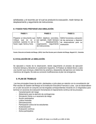La gestión del riesgo es un derecho y un deber de todos
señalizadas y el recorrido por el cual se producirá la evacuación, medir tiempo de
desplazamiento y seguimiento de instrucciones.
8.1 PASOS PARA PREPARAR UNA SIMULACIÓN:
PASO 1:
Preparar un documento que
indique que se va a
practicar, quienes lo van a
hacer, lugar, fecha y hora.
PASO 2:
Definir objetivos concretos,
por ejemplo, medir tiempos
de desplazamiento,
organización, seguimiento
de instrucciones.
PASO 3:
Definir funciones y ubicación
de las personas y disponer
de observadores para su
evaluación.
Fuente: Dirección de Gestión del Riesgo. (2010). Guía Plan Escolar para la Gestión del Riesgo. Bogotá D.C., Colombia.
8.2 EVALUACIÓN DE LA SIMULACIÓN:
Se ejecutará a través de la observación, dando seguimiento al proceso de ejecución
tomando tiempos y llenando el cuestionario respectivo. Al finalizar se deberá llevar a cabo
una reunión que concluya y determine los aciertos y desaciertos del ejercicio con todos los
miembros de brigada. De esta se concluirá modificaciones al plan de emergencia.
9. PLAN DE TRABAJO
Las tres principales líneas de acción, planteadas a corto plazo en relación con la consolidación del
Plan escolar de Gestión del Riesgo en la Institución Educativa Francisco Lucea, que se desarrollaran
en un plan de acción en conjunto con las brigadas correspondientes iniciando en un diagnóstico para
terminar en acciones de evaluación fomentando el mejoramiento continuo de los procesos :
- Caracterización del riesgo
- Alistamiento para la atención de contingencias
- Simulación frente a un escenario de riesgo
- Acción participativa
- Lúdica motivada
- Demostraciones
- Participación activa de los estudiantes
- Autoevaluación
- Evaluación continua
- Activa participativa
 