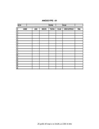 La gestión del riesgo es un derecho y un deber de todos
ANEXO FPE - 01
 
