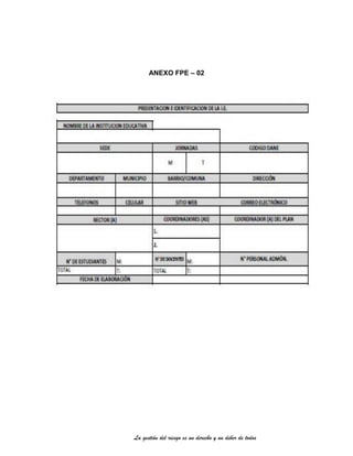 La gestión del riesgo es un derecho y un deber de todos
ANEXO FPE – 02
 