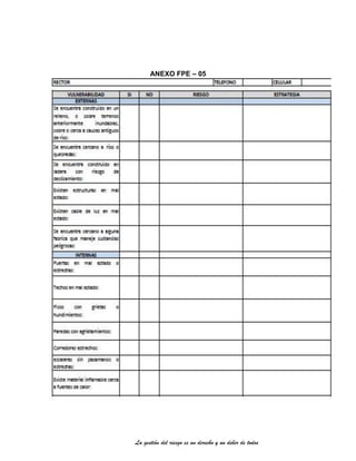 La gestión del riesgo es un derecho y un deber de todos
ANEXO FPE – 05
 