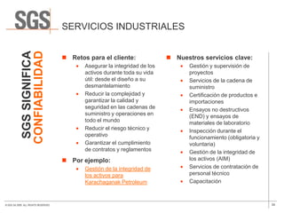 SGS SIGNIFICA            SERVICIOS INDUSTRIALES
            CONFIABILIDAD
                                       Retos para el cliente:                Nuestros servicios clave:
                                             Asegurar la integridad de los          Gestión y supervisión de
                                             activos durante toda su vida           proyectos
                                             útil: desde el diseño a su             Servicios de la cadena de
                                             desmantelamiento                       suministro
                                             Reducir la complejidad y               Certificación de productos e
                                             garantizar la calidad y                importaciones
                                             seguridad en las cadenas de            Ensayos no destructivos
                                             suministro y operaciones en            (END) y ensayos de
                                             todo el mundo                          materiales de laboratorio
                                             Reducir el riesgo técnico y            Inspección durante el
                                             operativo                              funcionamiento (obligatoria y
                                             Garantizar el cumplimiento             voluntaria)
                                             de contratos y reglamentos             Gestión de la integridad de
                                       Por ejemplo:                                los activos (AIM)
                                             Gestión de la integridad de            Servicios de contratación de
                                             los activos para                       personal técnico
                                             Karachaganak Petroleum                 Capacitación



© SGS SA 2009. ALL RIGHTS RESERVED.                                                                                 34
 